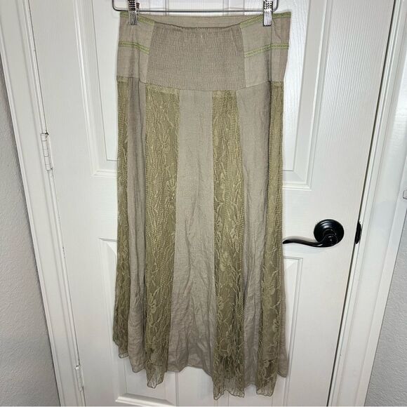 Y2K J.Lee Tan Khaki Green Floral Lace Striped Pleated Maxi Skirt Sz M Fairycore - Picture 3 of 8